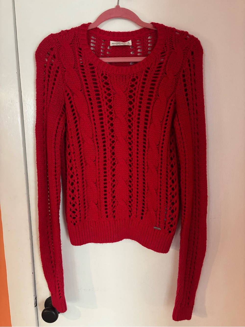 Abercrombie & Fitch Red Openwork Cable-Knit Crewneck Sweater